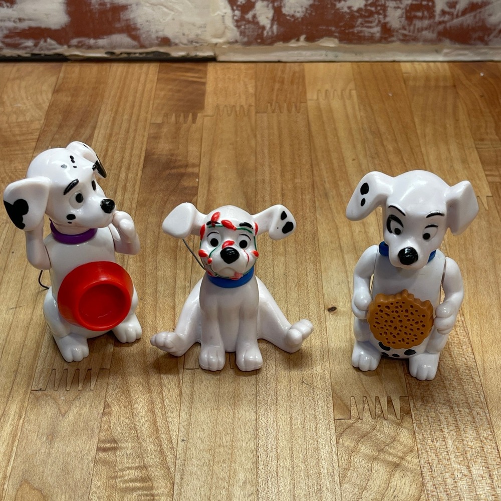 VTG Disney 101‎ Dalmatians Puppy Figures Set of 3 Ornaments Food Bowl PVC